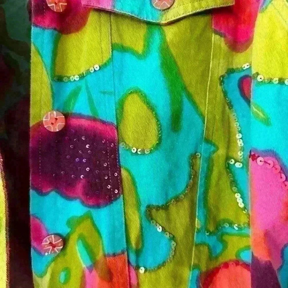 Choices Womens Jacket Sequin Green Fuchsia Multi Print Buttons Pockets Size XL - Picture 4 of 6